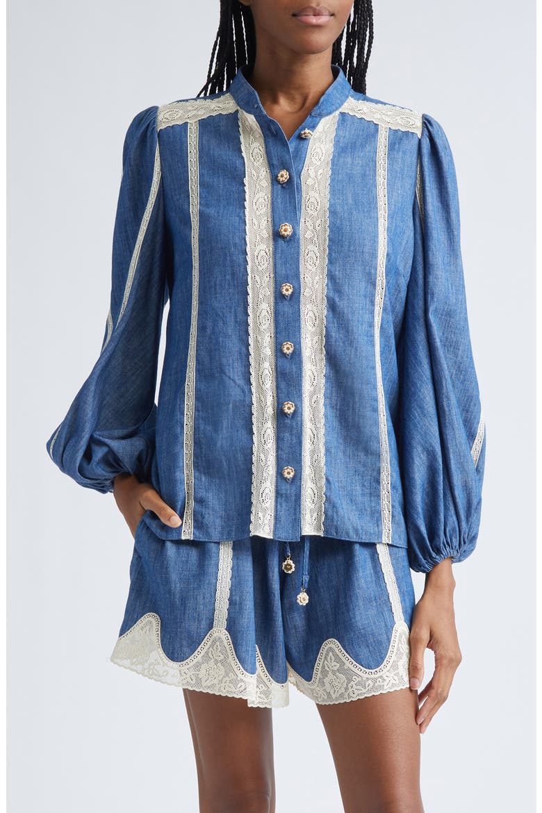 Awaken Lace Trim Denim Shirt, Main, color, RAILWAY BLUE