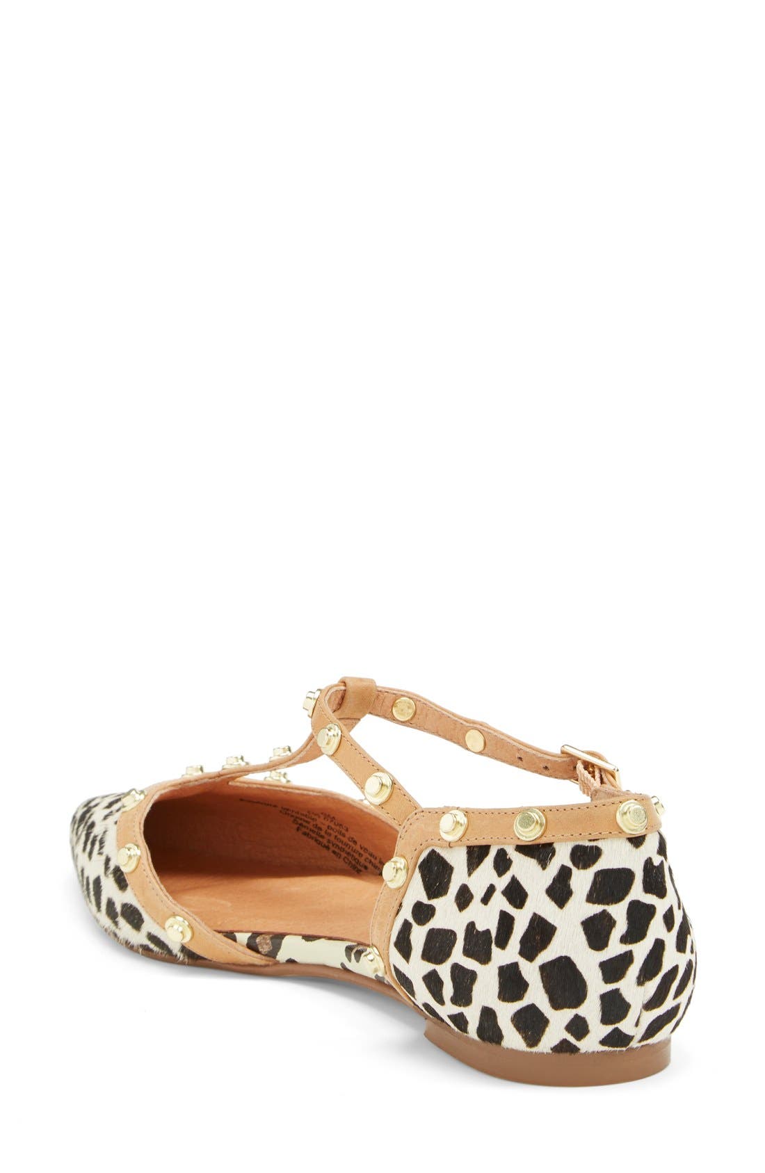 'Olson' Pointy Toe Studded T-Strap Flat, Alternate, color, BEIGE/ BLACK DOT HAIRCALF