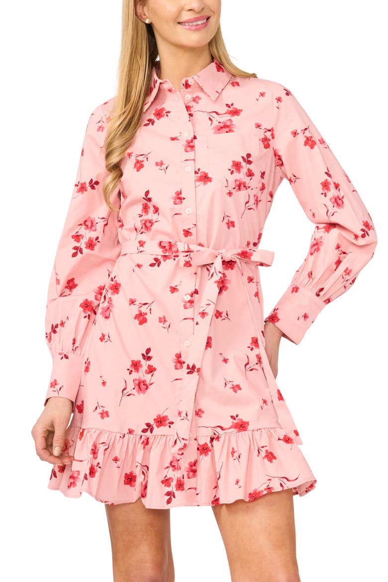 Ruffle Floral Print Tie Waist Shirtdress, Alternate, color, CORAL BLOOM