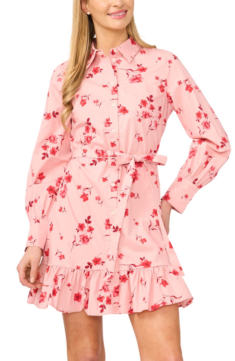 CeCe Ruffle Floral Print Tie Waist Shirtdress, Alternate, color, Coral Bloom