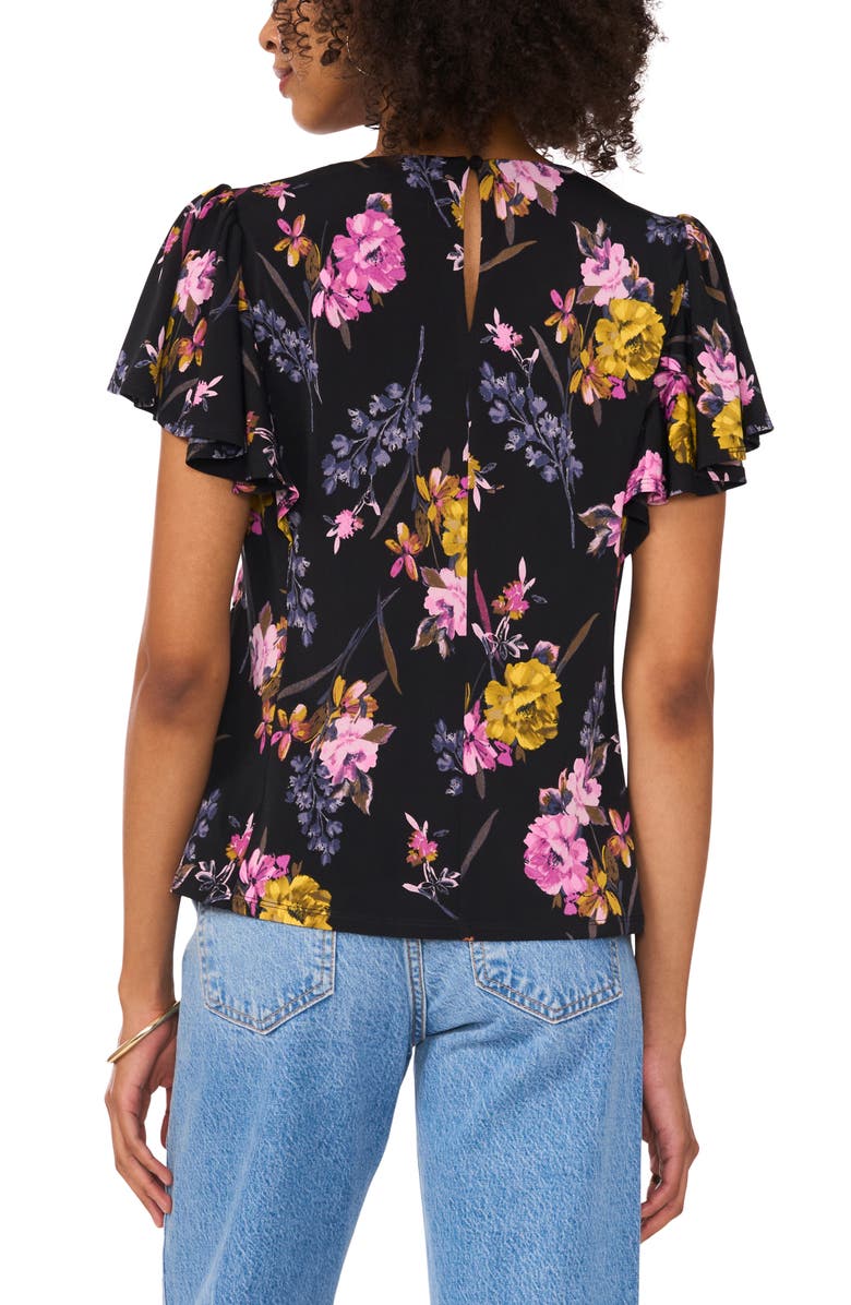 Vince Camuto Floral Smocked Waist Jersey Top, Alternate, color, Rich Black