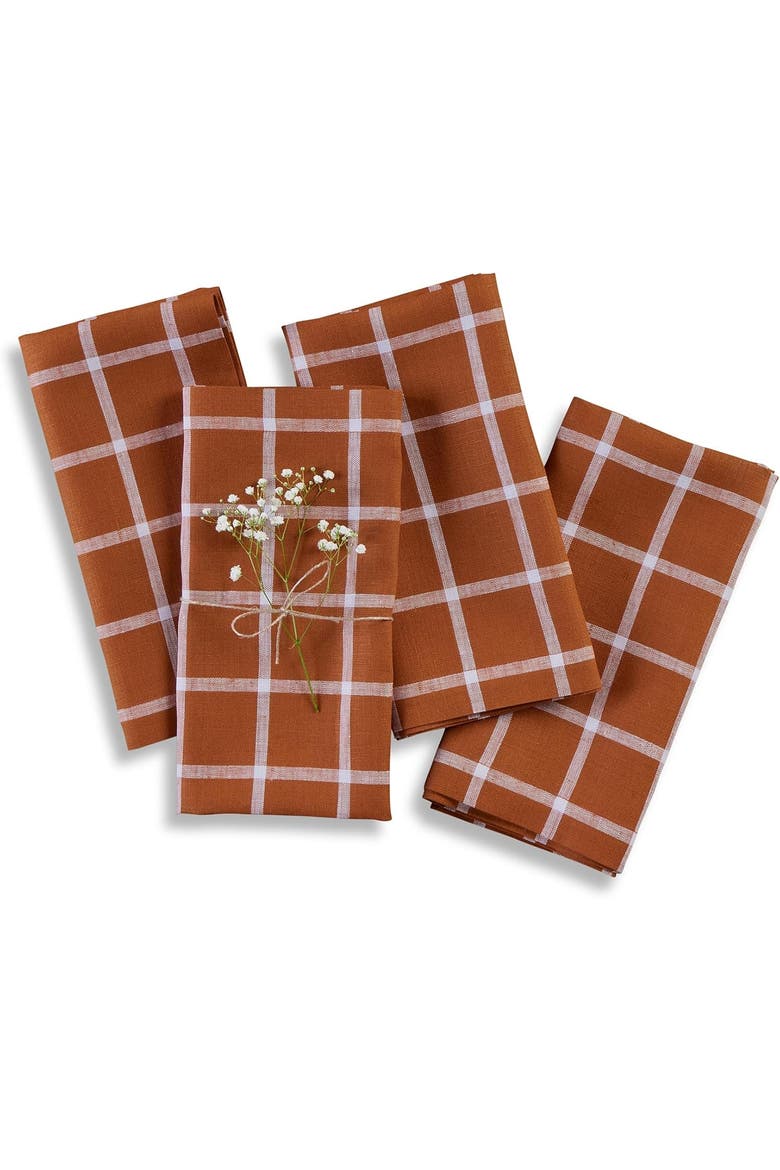 Linen Dinner Napkins Set of 4, 20 x 20" - Windowpane, Main, color, Cinnamon