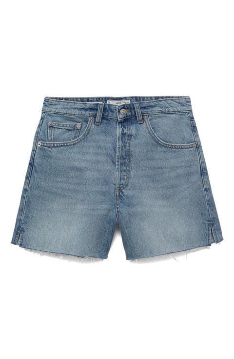 Button Fly Fray Hem Denim Shorts