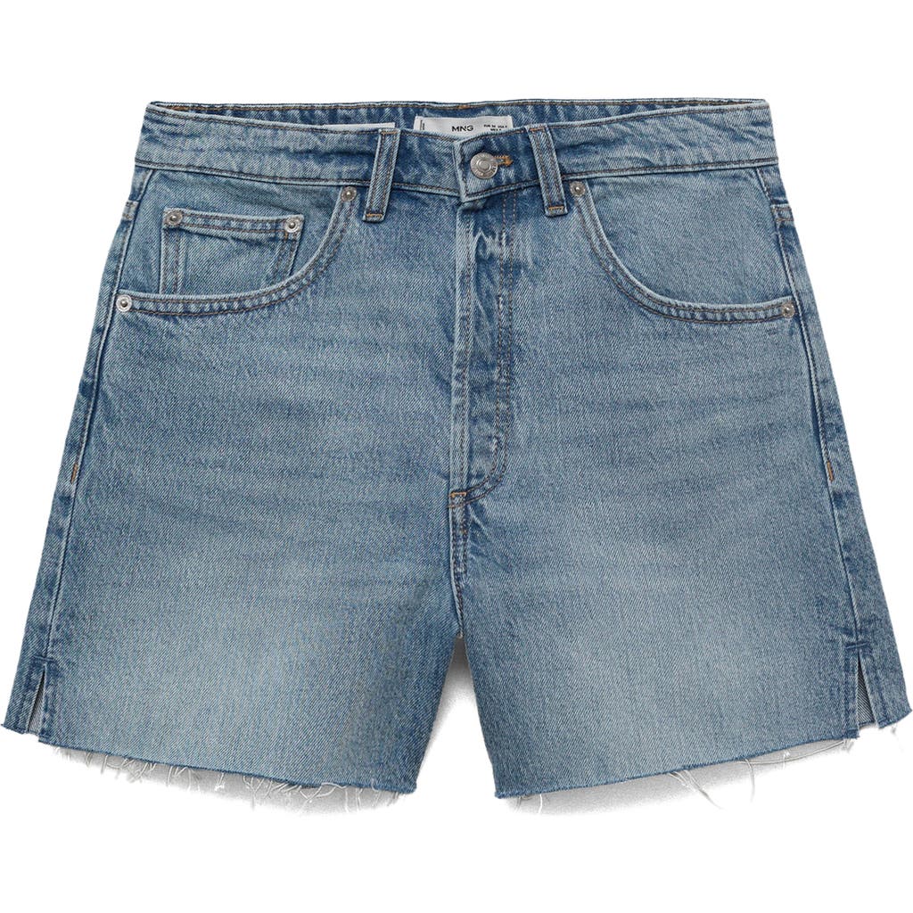 Mango Button Fly Fray Hem Denim Shorts In Blue