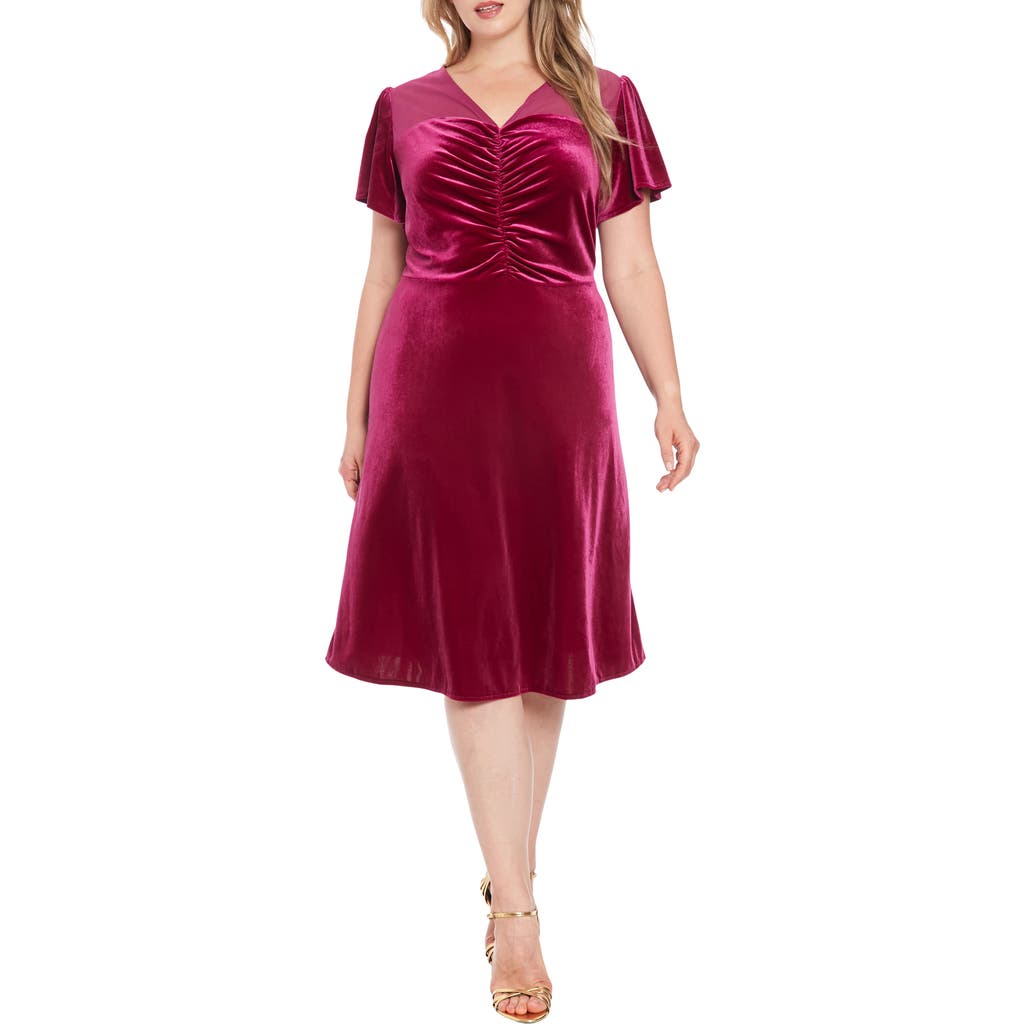 London Times Ruched Sheer Shoulder Midi Dress