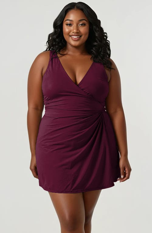Calypsa Plus Size Alana Wrap-style Swim Dress With Hidden Bottoms And Adjustable Straps In Burgundy
