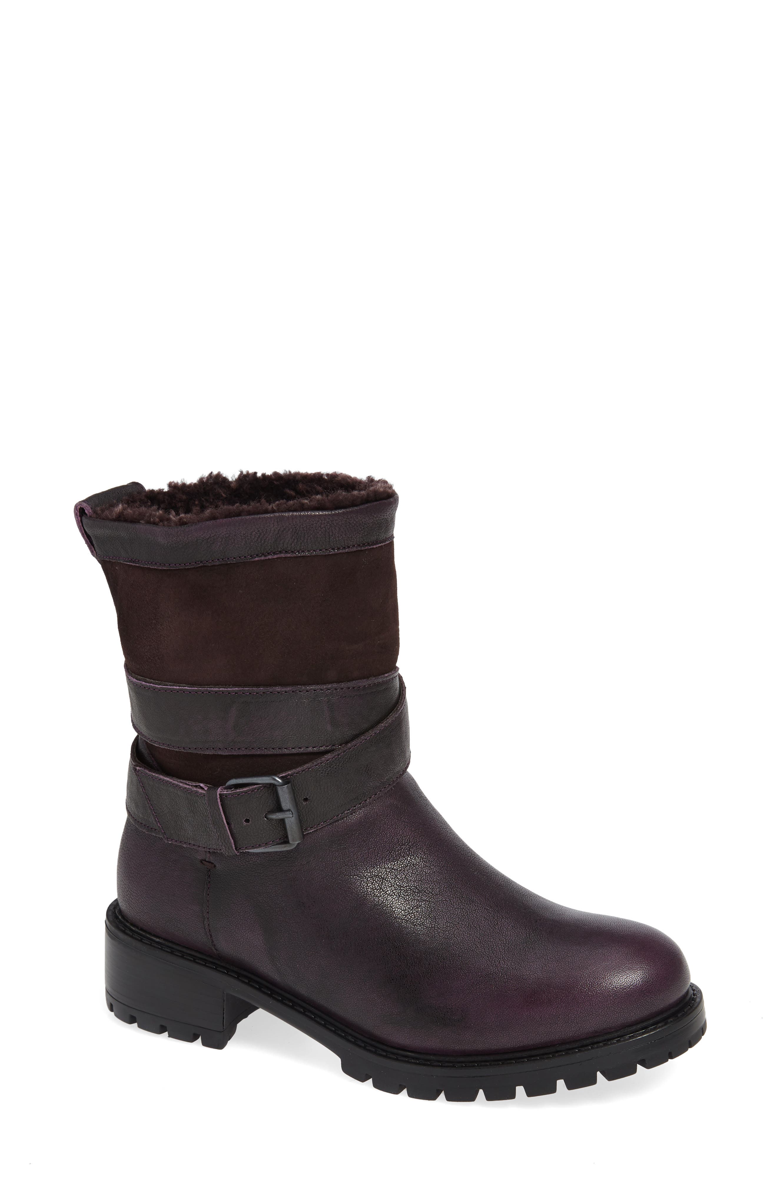 Emilina Genuine Shearling Lined Weatherproof Bootie, Main, color, FROSTED WINTER PLUM LEATHER