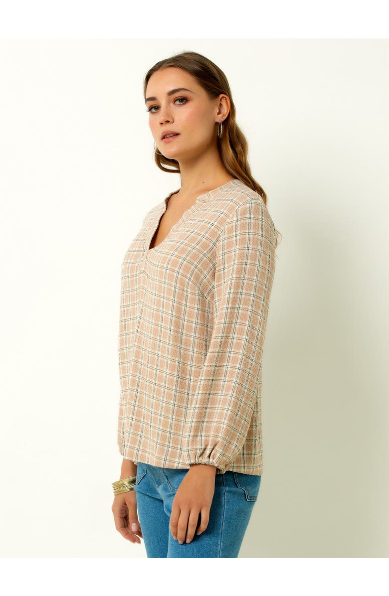 Single Stitch V-Neck Plaid Peasant Top, Alternate, color, Cream Plaid