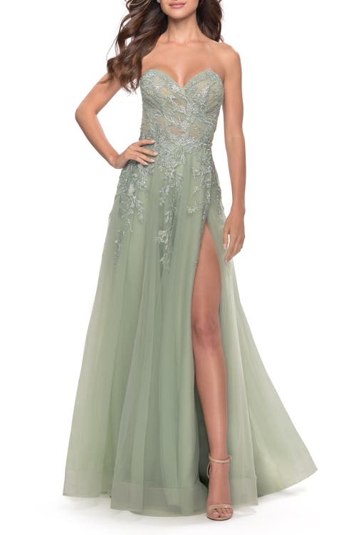 La Femme Sweetheart Tulle Strapless Gown With Lace Applique