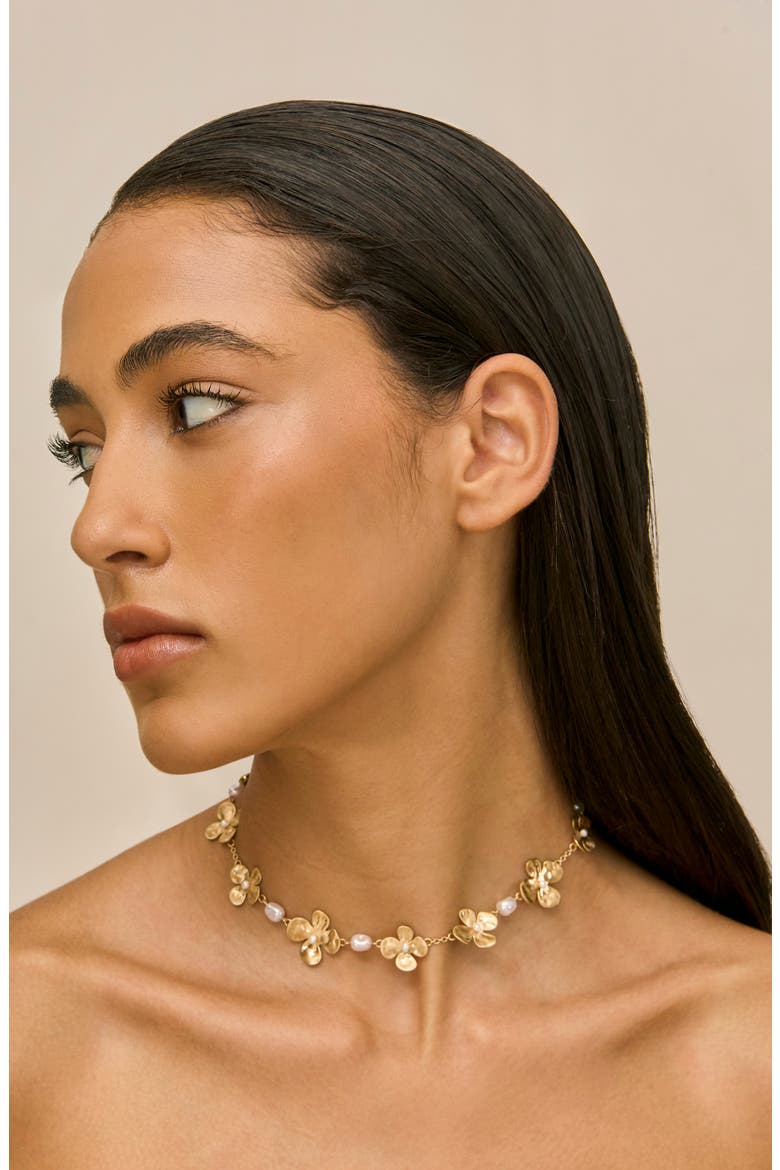 Lucky Imitation Pearl Floral Choker, Main, color, BRUSHED BRASS