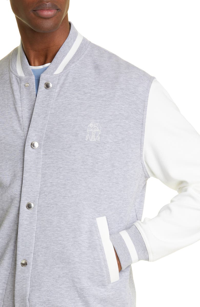 Brunello Cucinelli Cotton Blend French Terry Varsity Bomber Jacket, Alternate, color, 