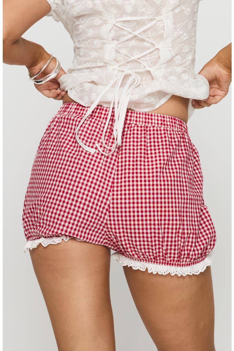 Bruncheon Check Lace Trim Shorts, Alternate, color, RED/ WHITE