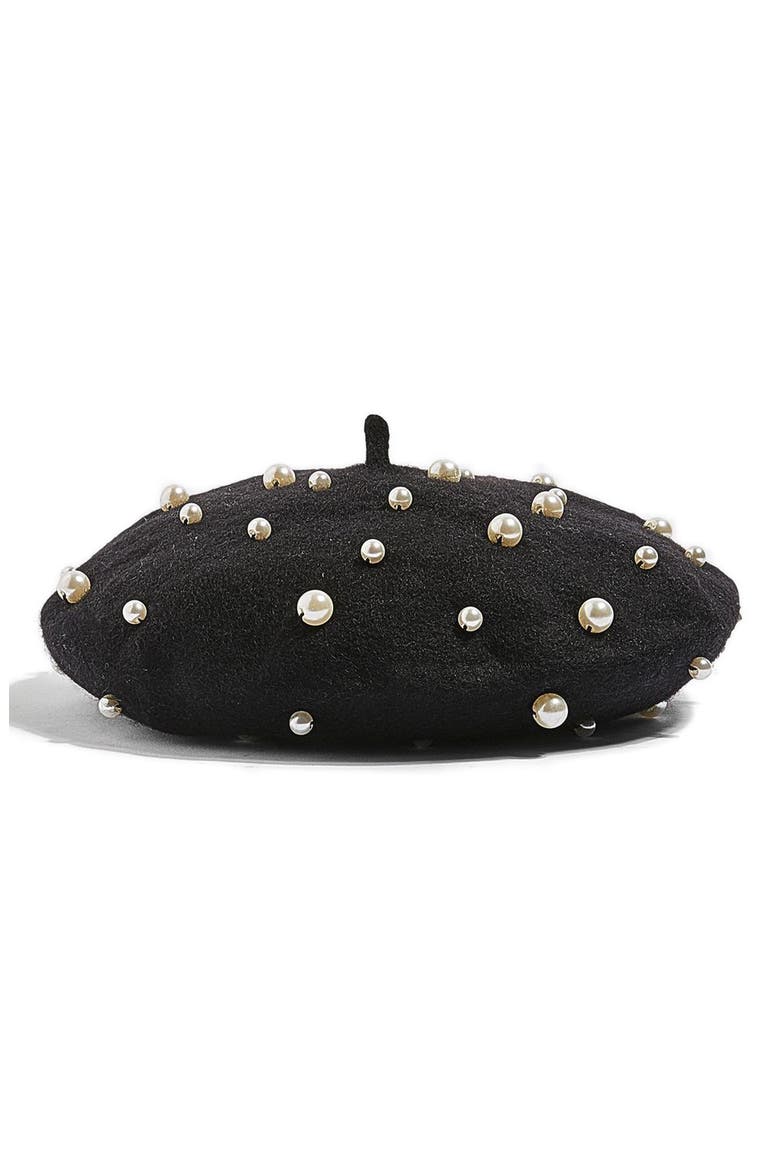 Imitation Pearl Wool Blend Beret, Alternate, color, BLACK MULTI