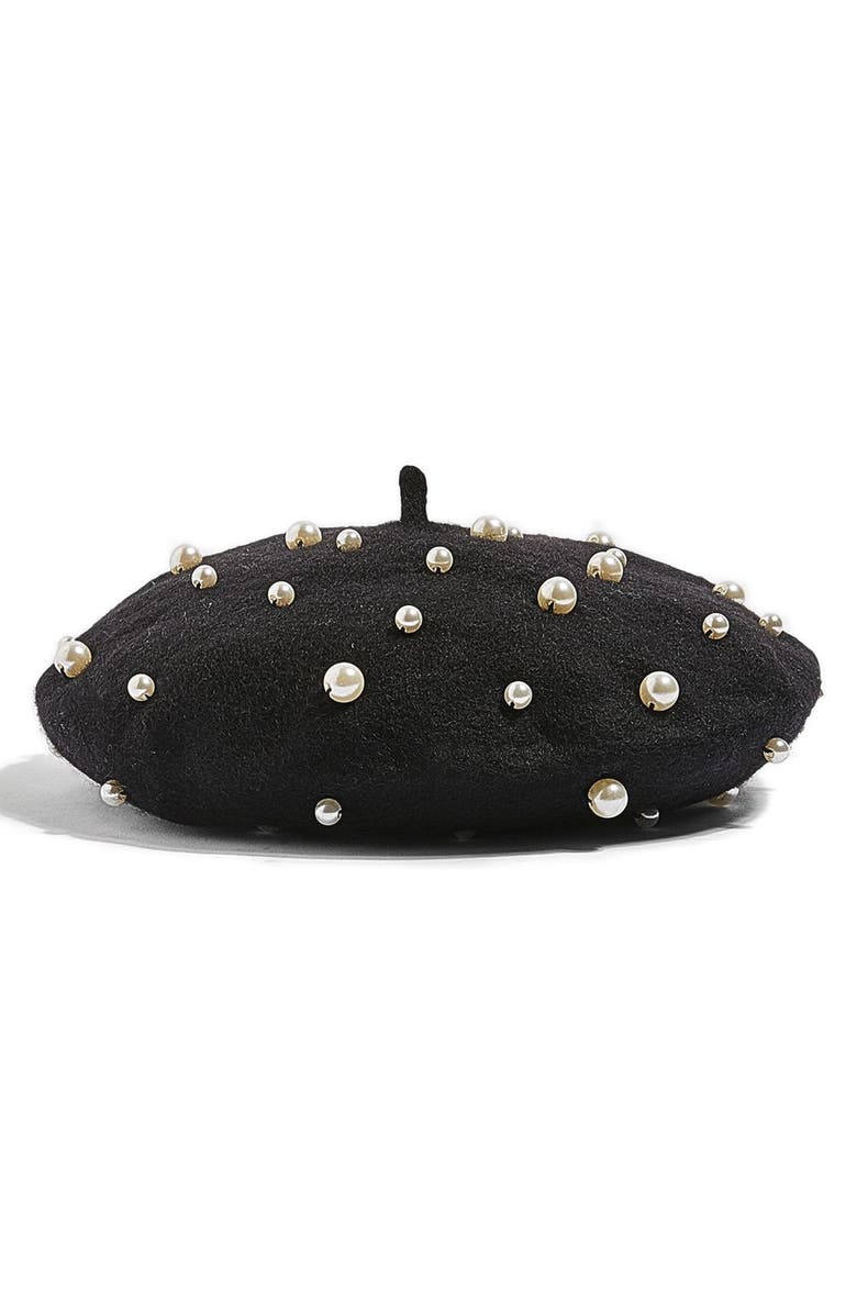 Topshop Imitation Pearl Wool Blend Beret, Alternate, color, 
