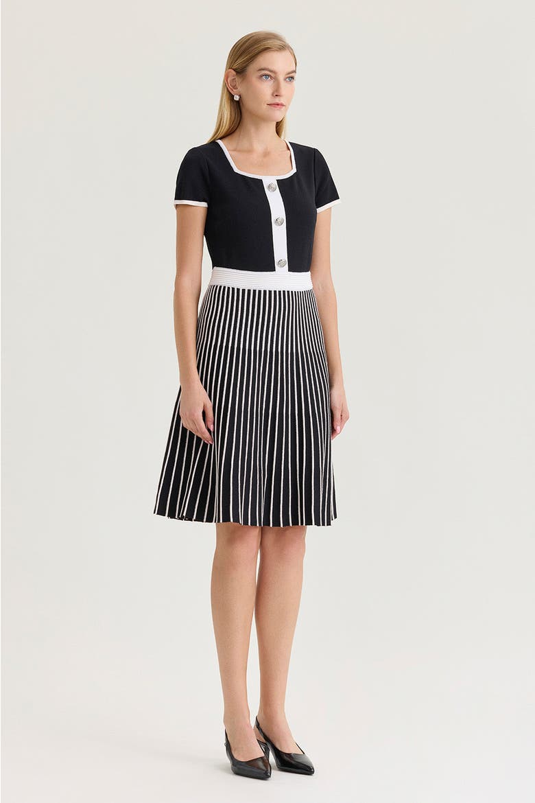 Fit-N-Flare Knee Length Soft Knit Dress, Alternate, color, Black/White