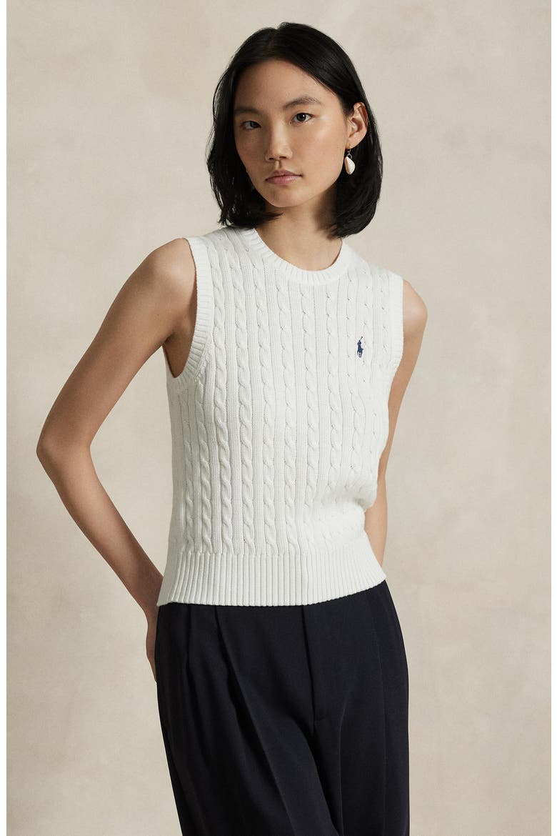 Cable Knit Cotton Sweater Vest, Alternate, color, WHITE