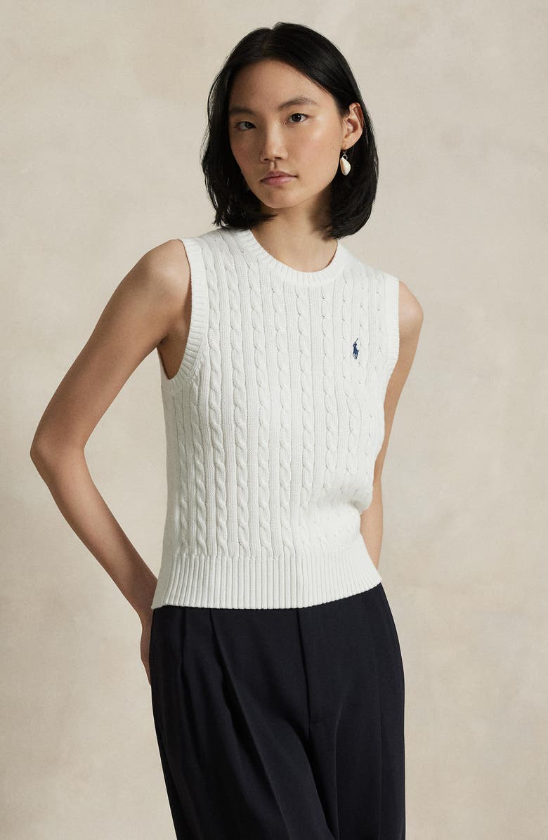 Polo Ralph Lauren Cable Knit Cotton Sweater Vest, Alternate, color, White