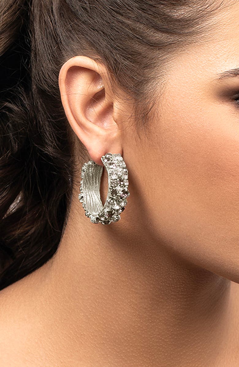 Deepa Gurnani Adelpha Crystal Hoop Earrings, Alternate, color, Silver