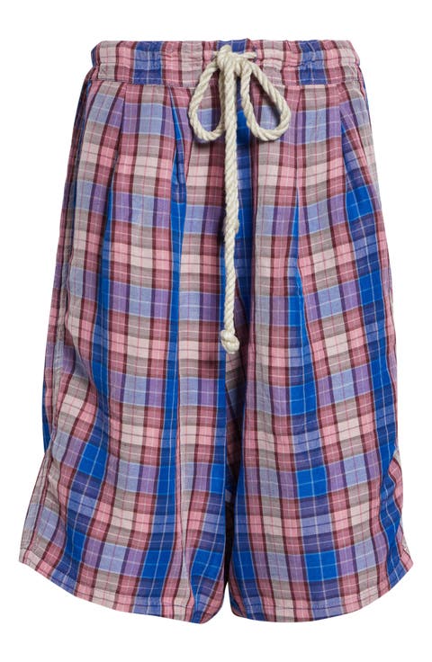 Jumbo Plaid Pleated Drawstring Shorts