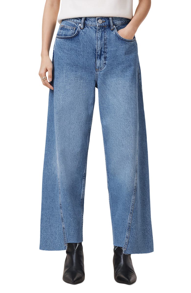 AllSaints Fox Asymmetric Raw Hem Wide Leg Jeans, Main, color,