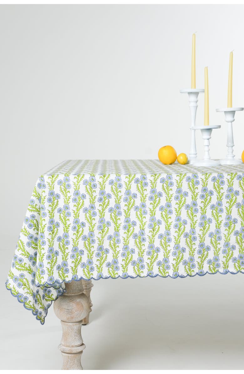 Inner Child Forget-Me-Not Scallop Embroidered Blockprint Tablecloth, Main, color, 60X90
