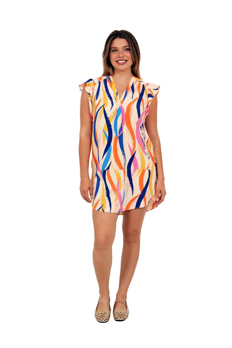 Womens Essential Abstract Print V-Neck Round Hem Mini Pocket T-Shirt Dress, Main, color, Orange Multi