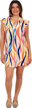 24seven Comfort Apparel Womens Essential Abstract Print V-Neck Round Hem Mini Pocket T-Shirt Dress