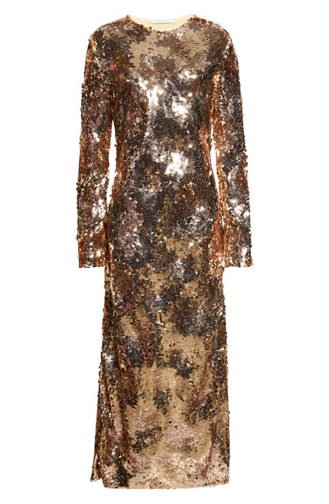 Long Sleeve Sequin Evening Dress