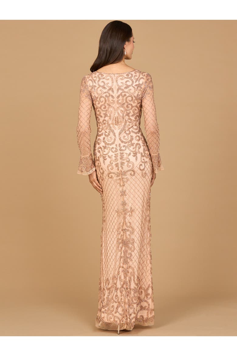 Beaded Long Sleeve V-Neck Gown, Alternate, color, Blush