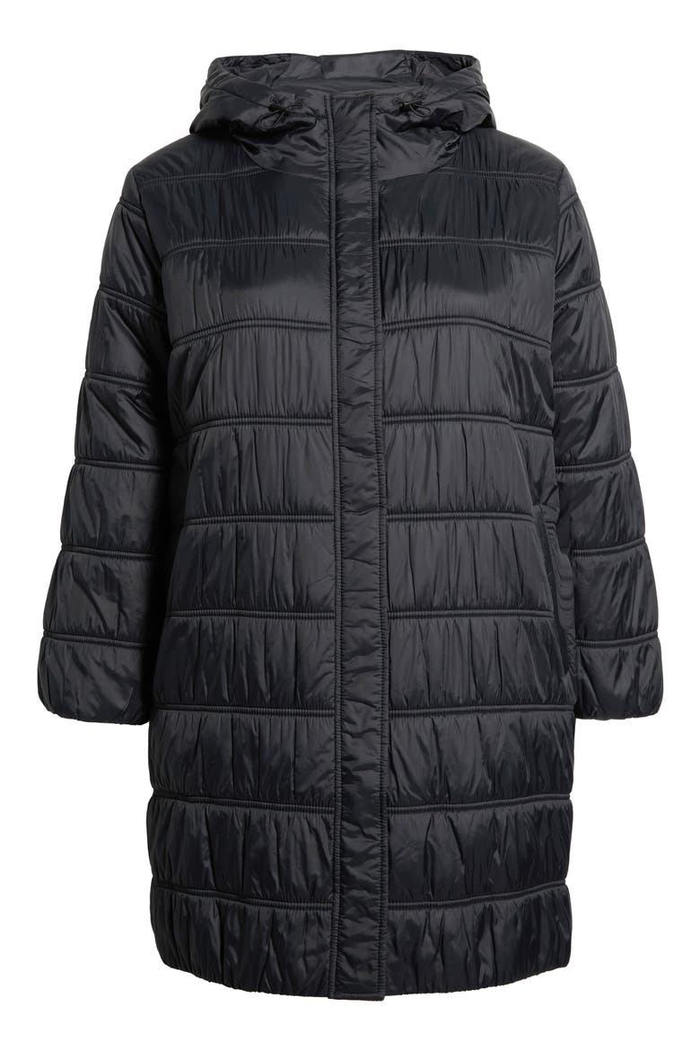 Quilted Ruched Recycled Nylon Hooded Jacket, Alternate, color, BLACK