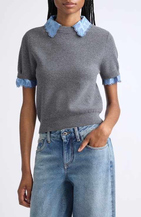 Short Sleeve Wool & Cashmere Sweater with Removable Collar
