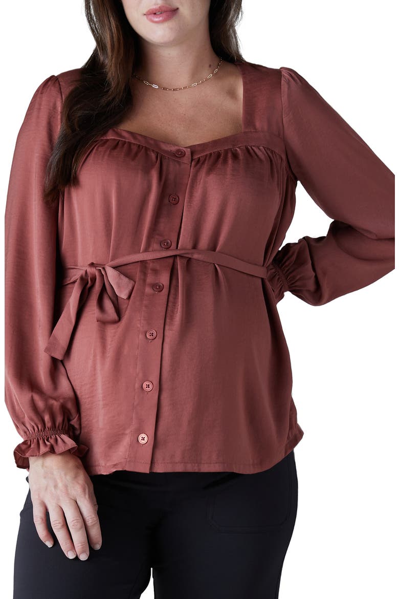 Belted Button Front Long Sleeve Maternity Blouse, Main, color, APPLE BUTTER