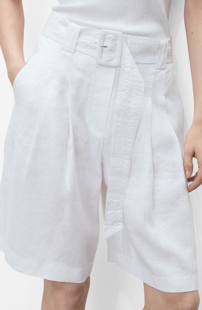 MANGO Belted Linen Bermuda Shorts, Main, color, White