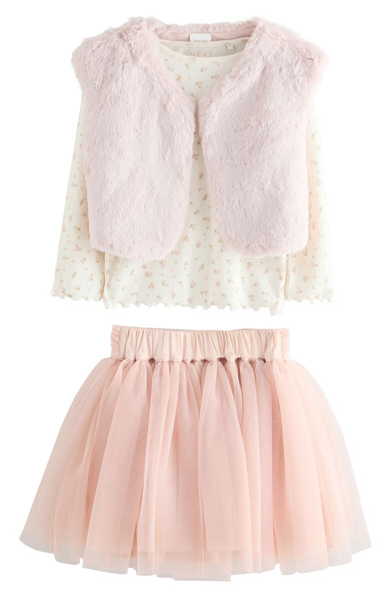 NEXT Kids' Floral Print T-Shirt, Faux Fur Vest & Tulle Skirt Set, Main, color, Pink