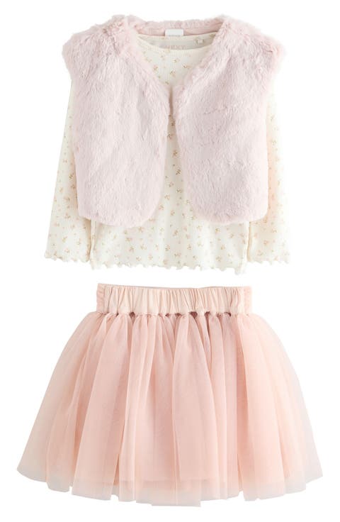 Kids' Floral Print T-Shirt, Faux Fur Vest & Tulle Skirt Set (Little Kid)