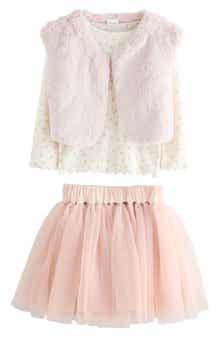 NEXT Kids' Floral Print T-Shirt, Faux Fur Vest & Tulle Skirt Set