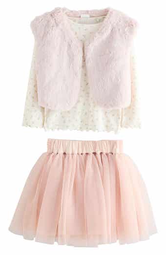 NEXT Kids' Floral Print T-Shirt, Faux Fur Vest & Tulle Skirt Set