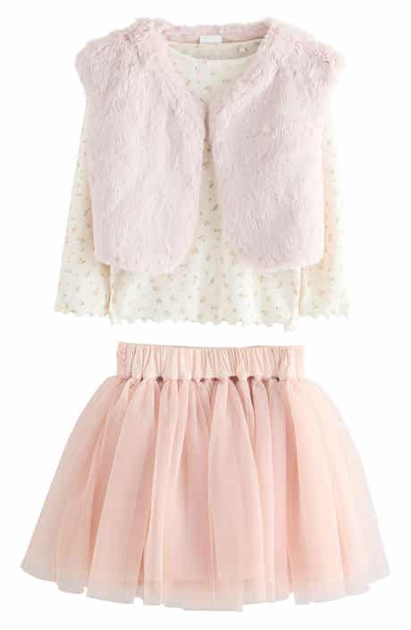 NEXT Kids' Floral Print T-Shirt, Faux Fur Vest & Tulle Skirt Set