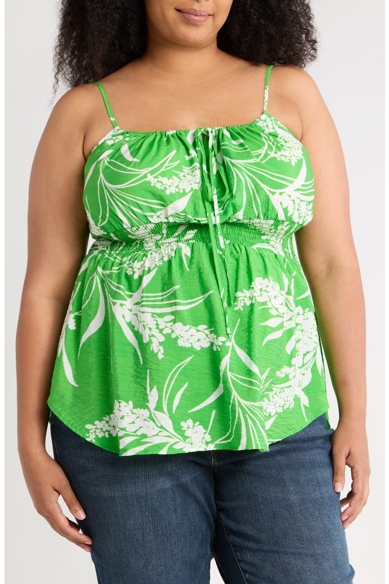 Leaf Print Smocked Peplum Camisole, Main, color, GREEN