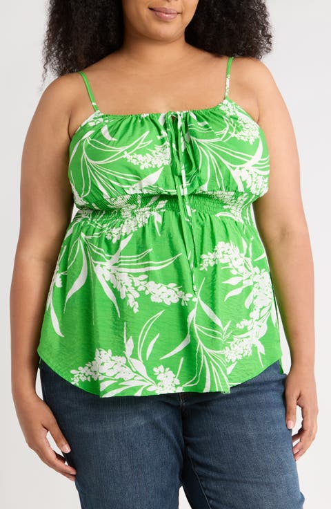 Leaf Print Smocked Peplum Camisole (Plus)