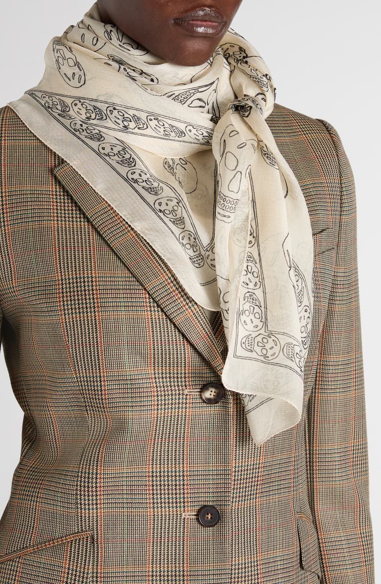 McQueen Hand Painted Skull Silk Chiffon Square Scarf, Alternate, color, Ivory/ Black