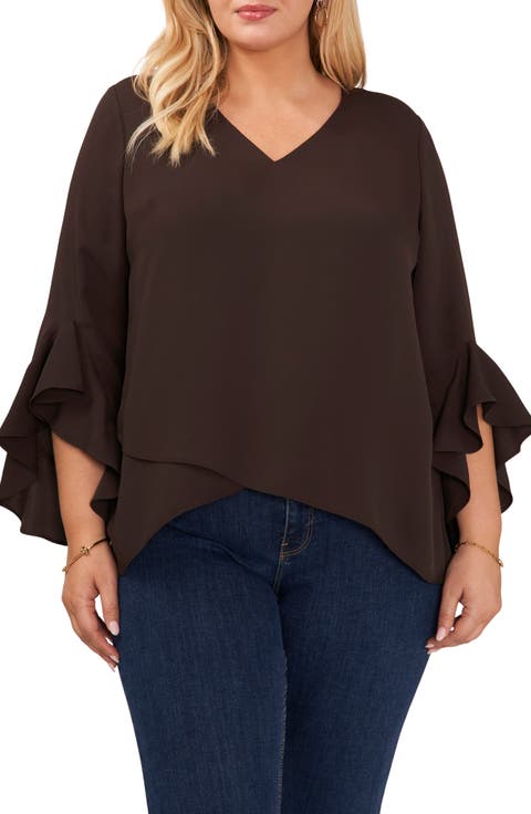 Flutter Sleeve Crossover Georgette Tunic Top (Plus Size)