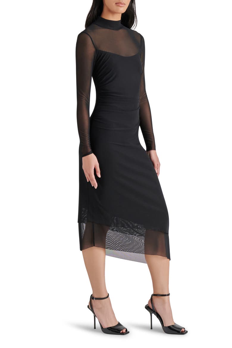Blare Long Sleeve Mesh Midi Dress, Alternate, color, BLACK