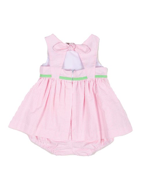 Florence Eiseman Check Seersucker Skirted Romper With Flowers In Pink