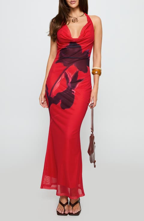 Bittersuite Floral Plunge Cowl Halter Neck Mesh Maxi Dress