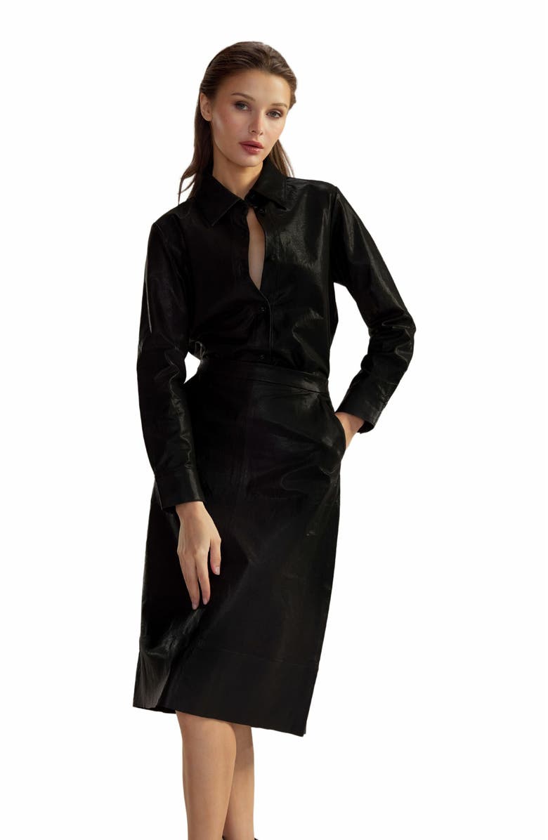 Cynthia Rowley Leather Midi Skirt, Alternate, color, Black