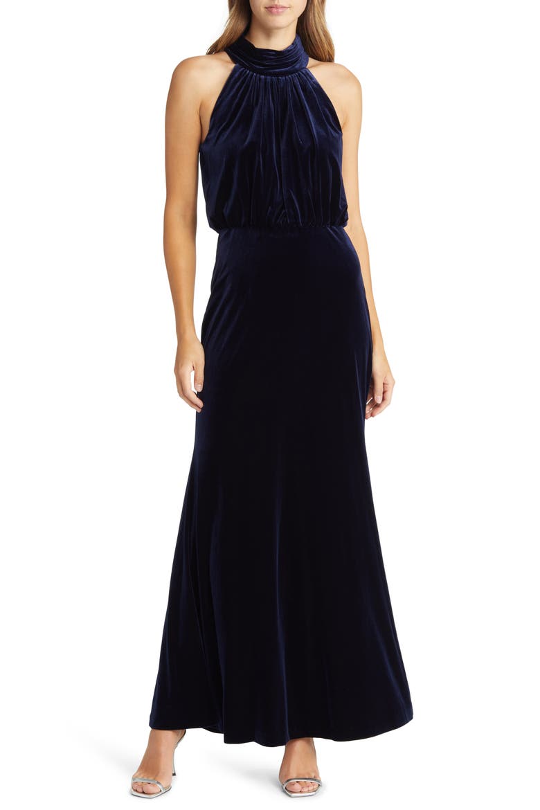 Mock Neck Blouson Gown, Main, color, NAVY