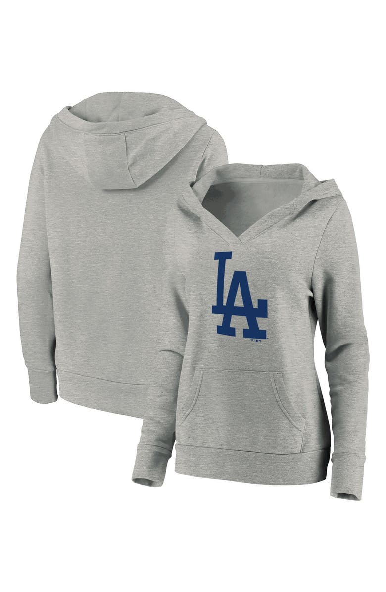 FANATICS Women's Fanatics Branded Heathered Gray Los Angeles Dodgers Official Logo Crossover V-Neck Pullover Hoodie, Alternate, color, Heather Gray
