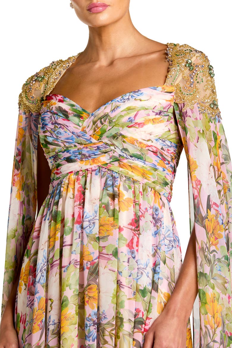 Printed Chiffon Gown With Beaded Cape Sleeves, Alternate, color, Pastel Multi