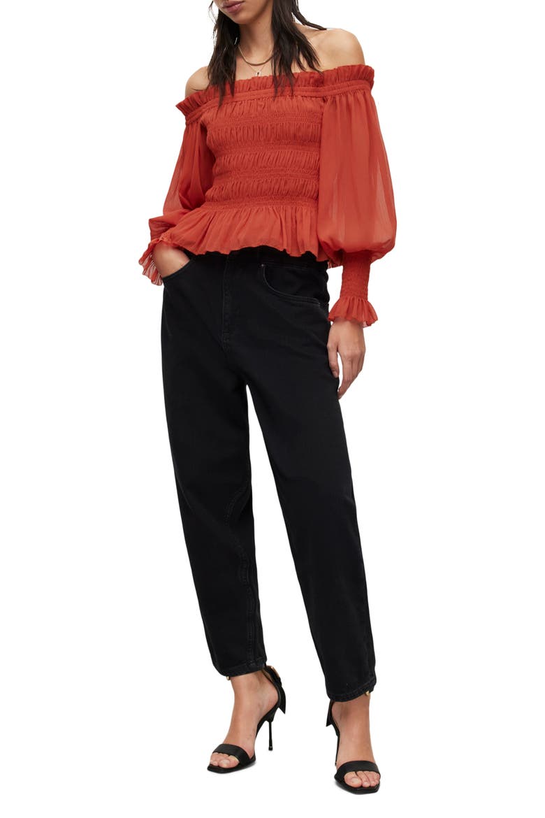Lara Shirred Off-The-Shoulder Peplum Top, Alternate, color, RED CLAY